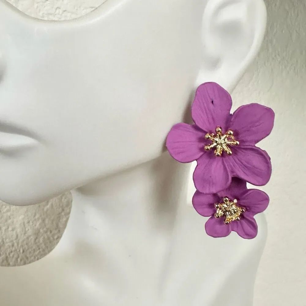 Pink and gold tone double flower earrings